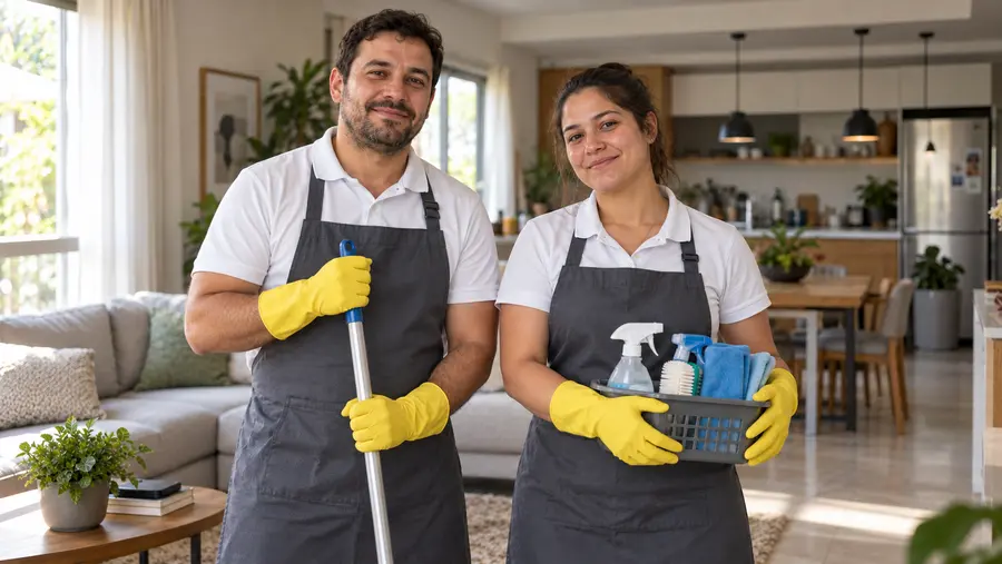 Profissionais de limpeza sorrindo em uma casa limpa